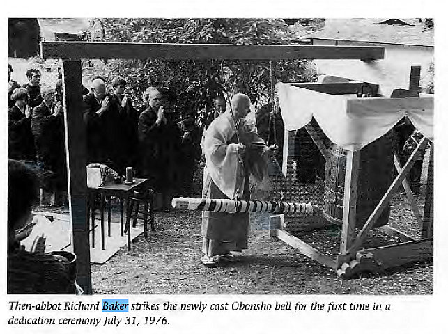 Machine generated alternative text:
Then-abbot Richard strikes the newly cast Obonsho bell the first time in a 
dedication ceremony July 31, 1976. 