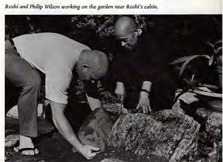 Machine generated alternative text:
Roshi and Philip Wilson working on the garden near Roshi's Cabin. 